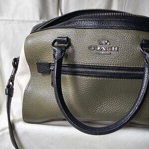 Genuine Coach Rowan Satchel in Army Green & White Pebbled Leather